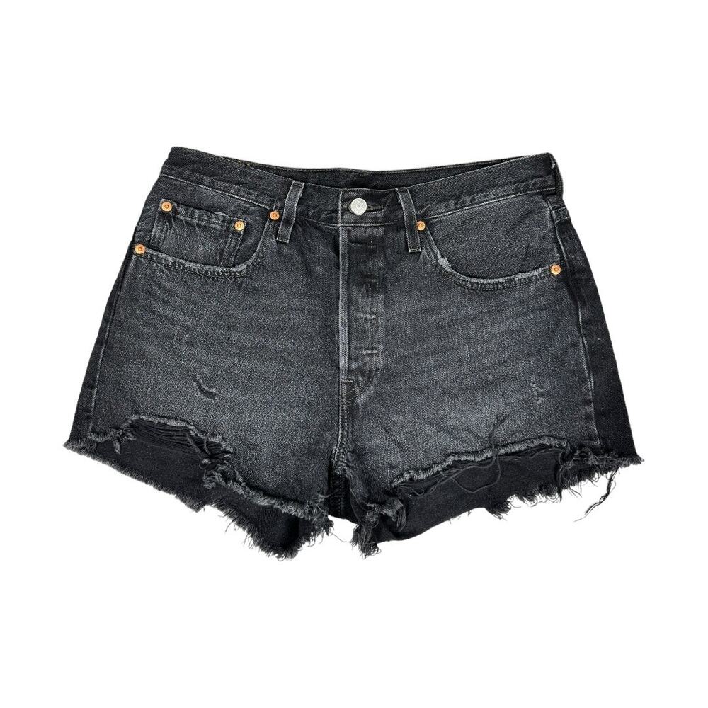 Levi's 501 High Rise Denim Shorts 30 Cut Offs Wise Up Black Wash Jean Distressed